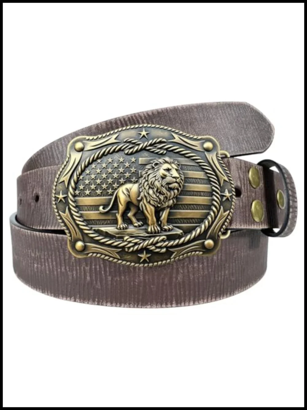 Vintage Western Leather Belt with Antique Bronze Lion Buckle